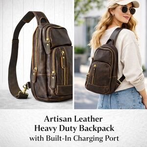 Artisan Leather Heavy-Duty Backpack with Built-In Charging Port | New